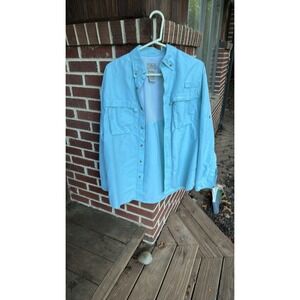 LL Bean Turquoise Button up SunShirt Roll Up Sleeves Sunglasses Holder